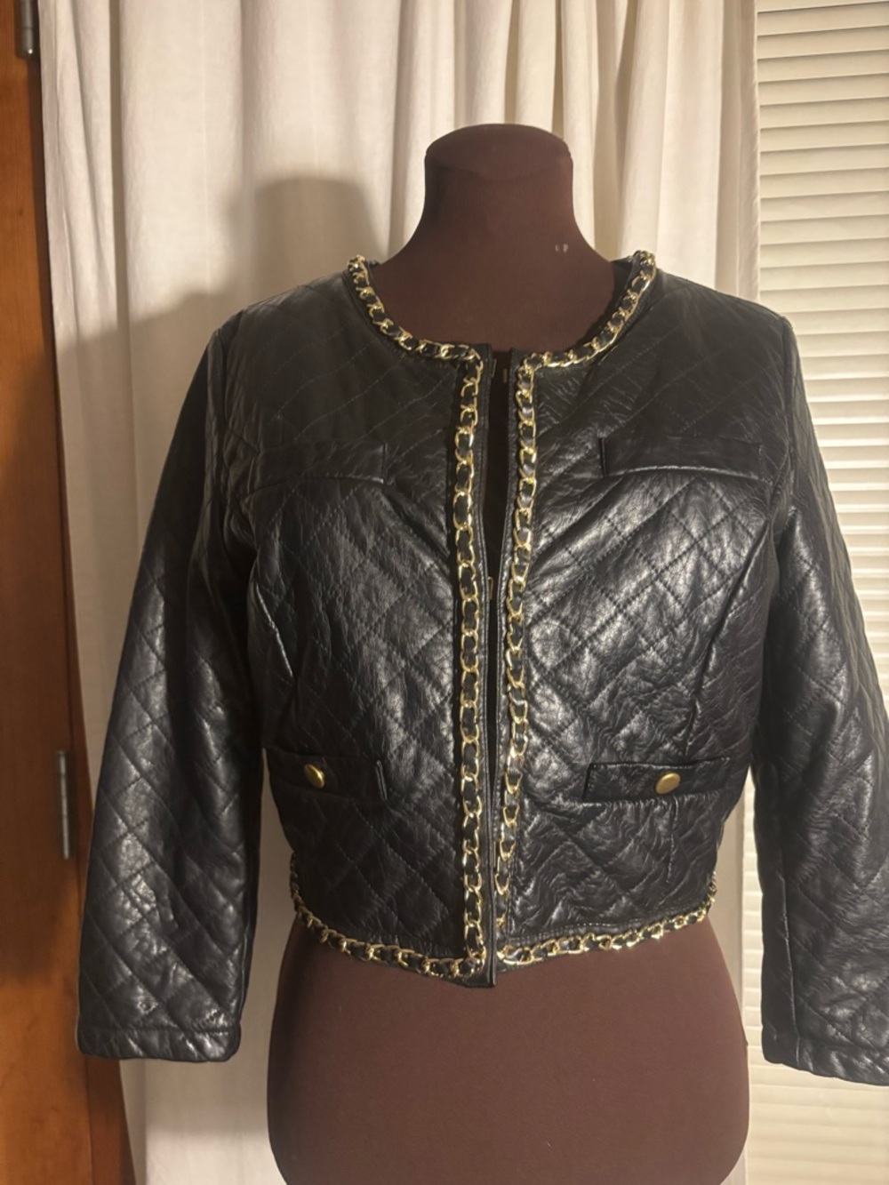 S’h Faux Quilted Leather Cropped Jacket-Large
